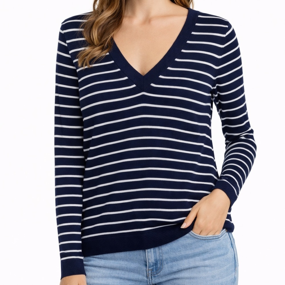J. Crew Navy White Striped VNeck Lightweight Knit Sweater
